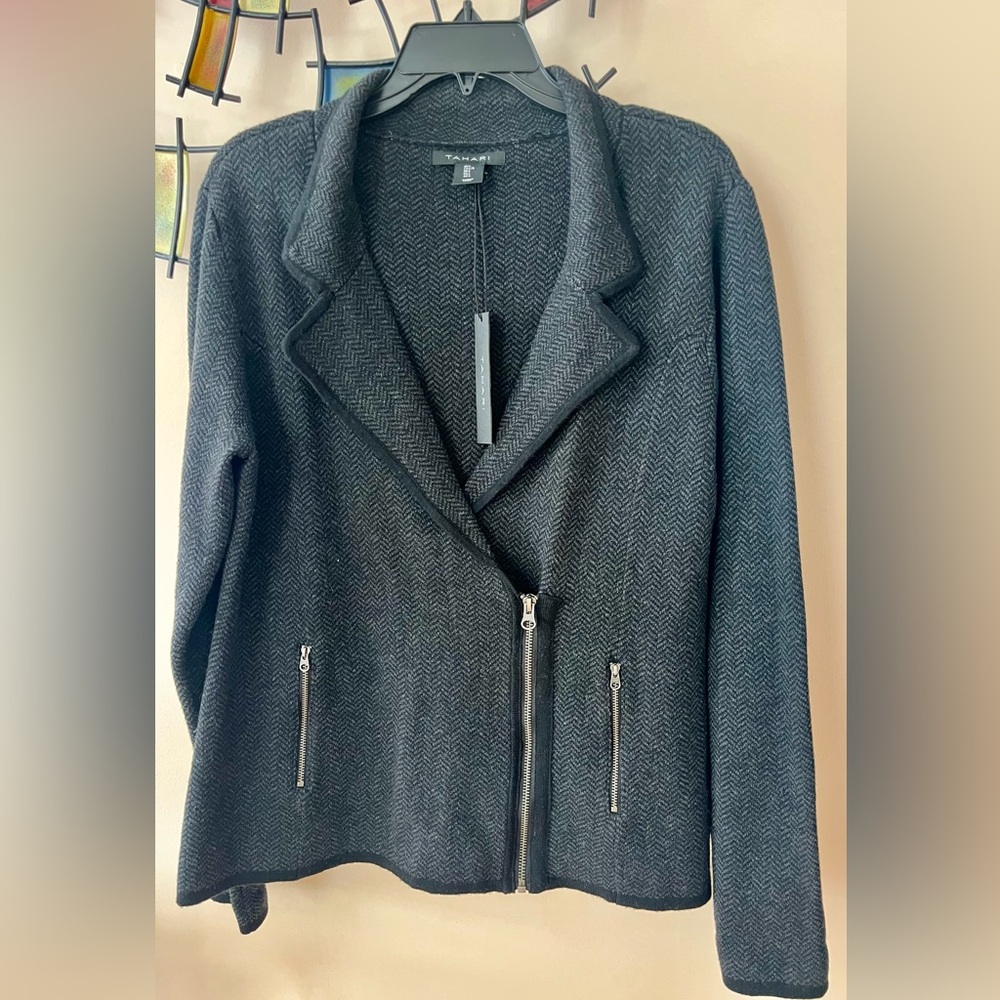 Tahari Black Herringbone Zip-Front Women's Blazer Jacket